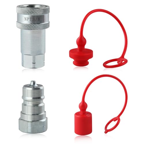 Image of 3 /8' NPT Thread Carbon Steel Hydraulic Quick Connect Couplers with Dust Caps, ISO 7241-A Compatible, Red, 3 Pack