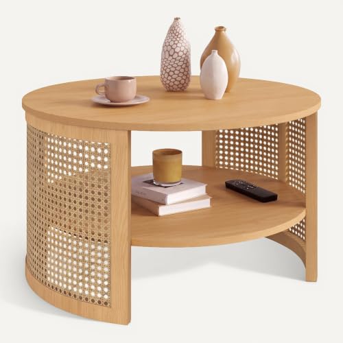 Table basse ronde EDHEN 70 cm effet cannage naturel et bois - vue 7