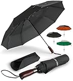 ENGLISH SUMMER Paraguas resistente al viento para la lluvia: compacto de calidad, plegable automático, toldo doble con ventilación grande de teflón, mango de madera, viaje y golf, Negro carbón,
