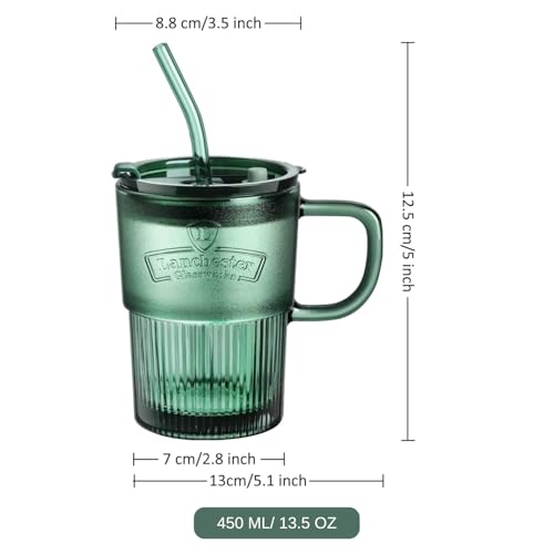 Image of Glass Coffee Cups Tumbler with Handle Lid and Straw, Smoothie Iced Coffee Tea Glasses Mug, Green Colored Drinking Jar for Water Juice Beverages Soda Milk (450ML, Pack of 1, Green)