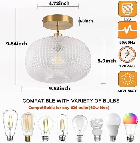 Jolydoly CEILING LIGHT FIXTURES Gold Semi Flush Mount Ceiling Light Fixture,Hallway Light Fixtures,Industrial Close To Ceiling Light,Globe Glass Ceiling Light Fixture,Vintage Ceiling Lamp,Farmhouse Light thumb #1