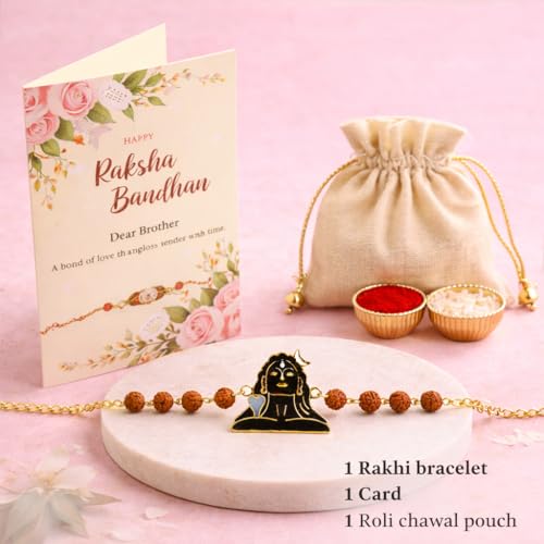 Image of JAIPUR ACE Shiv Rakhi for Brother with Rudraksha Beads | Premium Designer Raksha Bandhan Bracelet Rakhi | Mahadev Adiyogi Rakhi Thread for Men & Boys | Gold Finish (Adiyogi Rakhi)