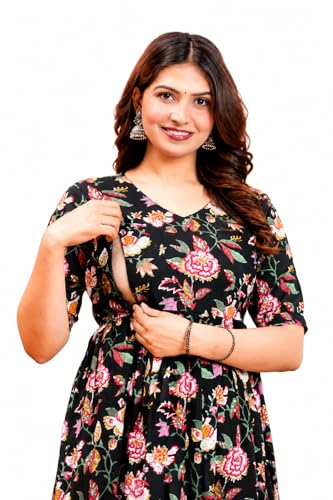 Image of The Moon Star Women's Cotton Floral Printed Anarkali Maternity Feeding Kurti | Breastfeeding Dress for Mothers | Zipper Feeding Kurti, Nursing Kurti, Comfortable and Trendy Maternity Wear