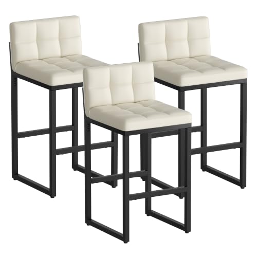 Image of Bar Stools Set of 3, Modern Counter Height Barstools, Beige | 24 inch Faux Leather Bar Chairs with Back, Footrest, Sturdy Thickened Metal Leg, Upholstered Counter Stools for Kitchen Island
