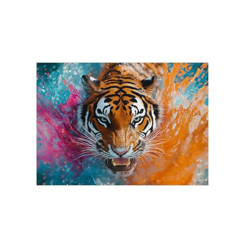 Décoration murale tigre coloré 70x50 cm pour dynamiser l'ambiance d'un salon contemporain