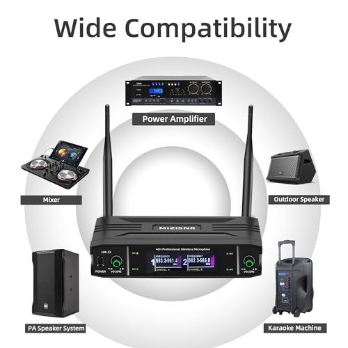 MIZISNR UHF Wireless Microphone Systems, Dual Cordless Handheld Dynamic Karaoke Mic Set, Auto Connect 300ft Range Transmission for Singing, Karaoke, DJ Party, Church, Wedding, PA Speaker