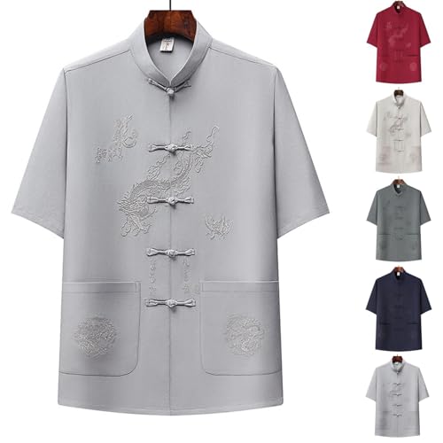 Cambkatl Men's Short Sleeve Mandarin Collar Kung Fu Shirts Chinese Traditional Embroidered Tai Chi Frog-Button Shirt2