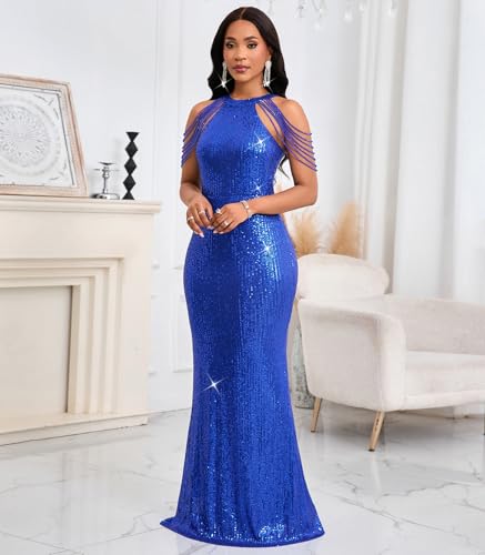 Image of Cololura Women Sexy Elegant Sequin Tassel Off Shoulder Halter Bodycon Maxi Dress Party Evening Gown Formal Dress