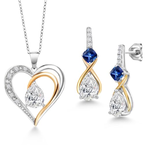 925 Silver and 10K Yellow Gold IGI Certified Lab Grown Diamond and Gemstone Birthstone Heart Pendant Necklace Earrings Set | Pear 8X6MM, Cushion 4MM | Two-Tone Fine Jewelry for Women | 18 Inch Chain