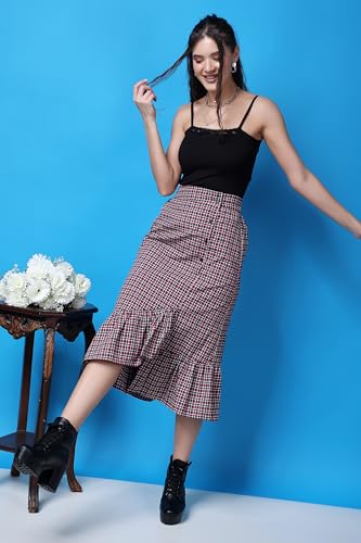 Image of POPWINGS Casual Check Print Long Flare Skirt for Women | Cotton Skirt for Women Skirt for Women