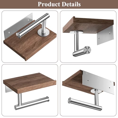 Image of Tindbea Toilet Paper Holder with Wood Shelf, Wooden Wall Mount Tissue Paper Roll Holder, Brushed Nickel Stainless Steel Bathroom Accessories Decor Household Home Apartment Restroom Essentials (Walnut)