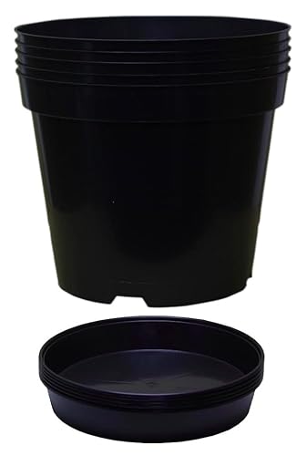 Pack of 5 Black Plastic Plant Pots + Saucers - Outdoor Garden Round Nursery Herb Flower Planters Base Water Drip Trays (5 Litre)