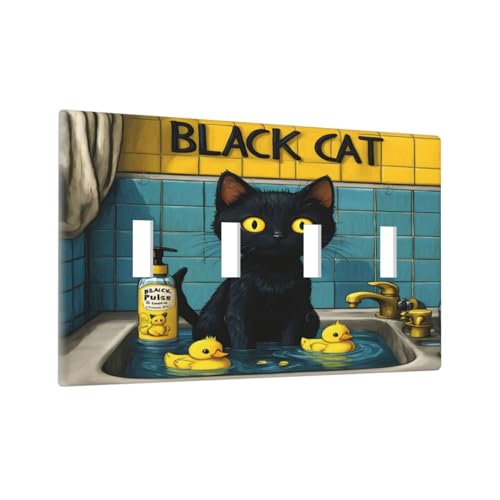Decorative Light Switch Cover Plate Novelty Black Cat Funny Duck Bath 4 Gang Wall Plate Oversized Quad Toggle Switch Cover Plate Jumbo Faceplate for Bedroom Decor