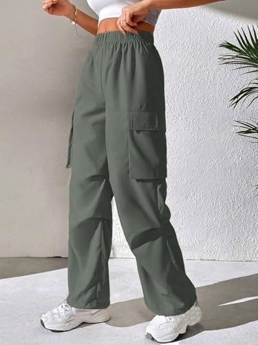 Image of GRECIILOOKS High Waist Cotton Trousers for Women - Flared Parachute Pants with Side Pockets | Casual Travel Cargo Pants