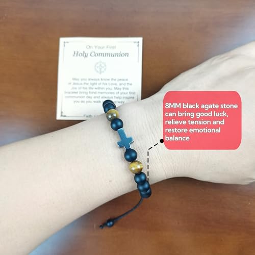 Image of Adjustable Cross Beaded Bracelet for Baptism First Communion-Tigers Eye Omamori Lucky Charm Gift .Feng Shui Bracelet.