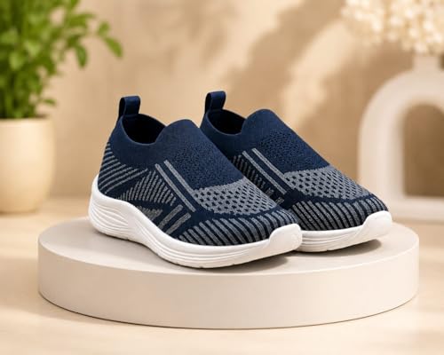 Image of Kids Navy Blue Knit Slip-On Sneakers for Boys | Lightweight Breathable Casual Walking Shoes with Geometric Pattern & Cushioned Sole