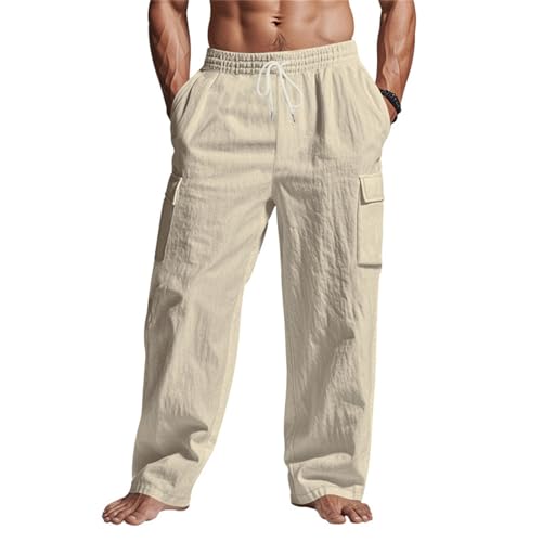 Linen Pants Men Drawstring Casual Elastic Waist Linen Cargo Pants with Multi Pockets Loose Fit Summer Beach Pant2