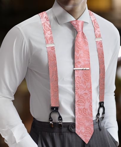 Image of Barry.Wang Men Suspender Set with Necktie Elastic Y Type Heavy Duty 6 Clips Braces Tie Handkerchief Cufflink Pin 6PCS