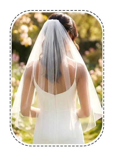 HEREAD 1 Tier Bride Wedding Veil Short Wasit Elbow Length Bridal Tulle Veils with Comb and Cut Edge...