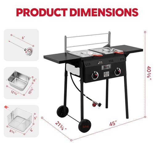 Image of Feasto Outdoor Propane Deep Fryer with Rolling Cart, Dual Tank Fish Fryer | 2 Independent Burners, 100,000 BTU, 4-Gal Oil Capacity, Frying Station with Baskets for Fish, Fries & Chicken