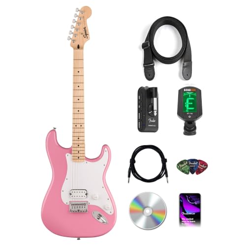 Image of Fender Squier Sonic Stratocaster HT H - Flash Pink Bundle with Mustang Micro Headphone Amp, Cable, Tuner, Strap, Picks, and Austin Bazaar Instructional DVD