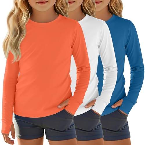 Image of 3 Pack Girls Rash Guard Swim Shirts 5-14Y UV Sun Protection Long Sleeve Thumb Hole Quick Dry T-Shirts UPF 50+ Tees