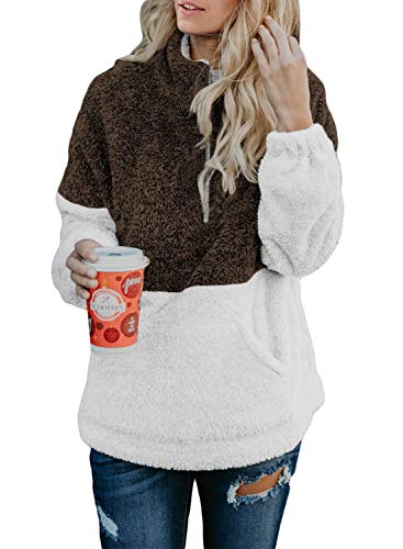 Acelitt Women's 1/4 Zip Ladies Cozy Color Block Fuzzy Loose Casual Winter Autumn Fluffy Fleece Pullover Pockets Outwear Brown Medium