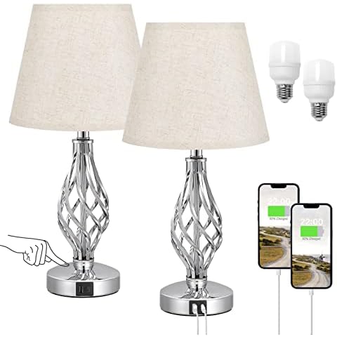 Kakanuo Beige Touch Table Bedside Lamps Set of 2, Nightstand Lamps with USB C Ports, USB Bedroom Lamps with Spiral Cage Base Design, 3 Way Dimmable Table Lamps for Bedroom, Living Room and Office Cover