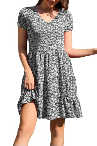 Image of nclook Womens Summer Casual Dress Sweet Cute V Neck Mini Dress with Pocket Short Sleeve