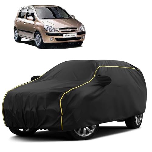 Image of Sulfar 100% Water Resistant Car Body Cover Compatible with Mirror for Hyundai Getz Prime (Triple Stitched, Full Bottom Elastic, Black Taffeta with Yellow Piping)
