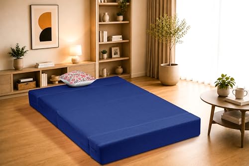 Image of One Seater Sofa Cum Bed Jute Fabric 3 X 6 Ft| Space Saving Foldable Sofa Bed for Living Room & Guest Room | Comfortable Multi-Functional Furniture - Blue