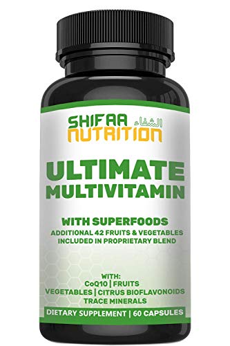 Halal Multivitamins for Adults, 30 Servings/60 Capsules | 29 Vitamins & Minerals, 42 Fruits & Vegetables | Vitamin A B6 B12 Biotin Niacin C D3 E Zinc Calcium Iron, Folic Acid, CoQ10 | SHIFAA NUTRITION