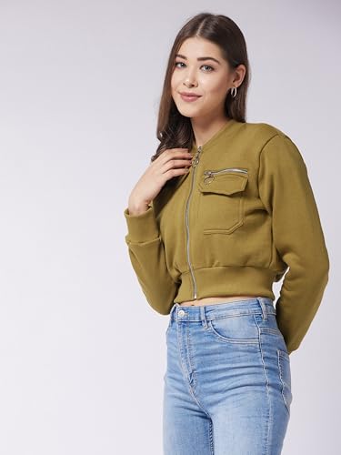 Image of Miss Chase Women's Off White V-Neck Full Sleeves Bomber Cropped Jacket