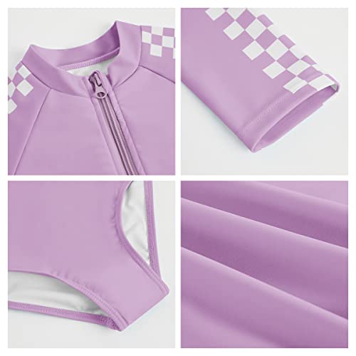 Girls One-Piece Swimsuits Plaid Long Sleeve Beachwear Zip Rash Guard Swimwears2