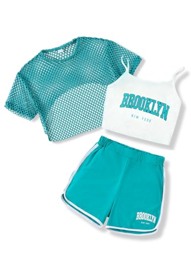Vitalique Girls Clothes 11-12 Years 3PCS Fashion Crop Tee + Cami Top + Shorts Set Summer Teen Outfits Green 11-12 Years