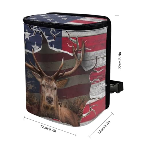 Image of Talayituse 3D Deer American Flag Print Car Trash Can with Adjustable Straps, Foldable Car Trash Bag Bin Car Garbage Bag Multipurpose Storage Box for Vehicle Travel Camping Picnicing