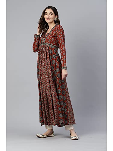 Image of Vbuyz Women's Floral Print Anarkali Cotton Aqua Blue Stitched Kurta | Anarkali Kurti for Women | Kurta for Women