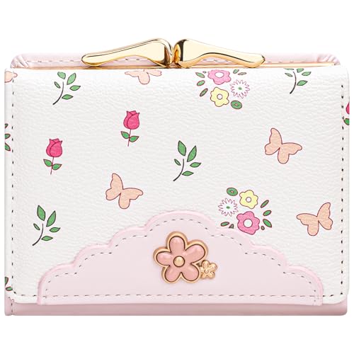 Image of YINHEXI Cute Trifold Wallet for Women Girls, Press-Lock Coin Wallet with ID Window, PU Leather Floral Small Wallet, Fits Purses & Pockets (Floral Pink2)