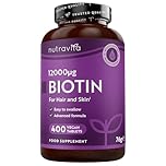 Nutravita Biotin Hair Growth Supplement 12,000mcg – 400 Vegan Tablets, High Strength Vitamin B7 12000UG - Supports Skin & Hair Growth – High Absorption Biotin Pills for Women & Men- Multiperson pack