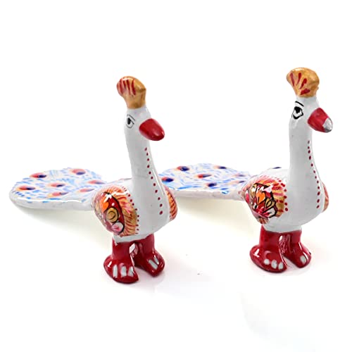 Tarini Gallery Minakari Traditional Indian Rajasthani Décor Hand Painted Statue Sculpture Diwali Christmas Festive Decoration Showpiece for Table Home Office and Gifting (Set of 2 White Peacocks)