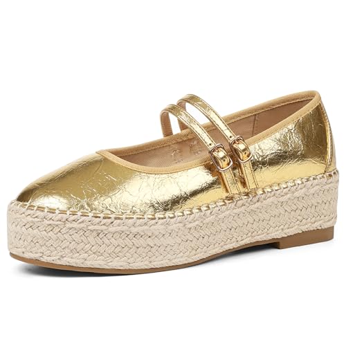 AMINUGAL Mary Jane Flats Women Comfort Round Toe Platform Mary Janes for Women Dressy Woven Platform Espadrilles for Women Casual Cute School Work Mary Jane Shoes