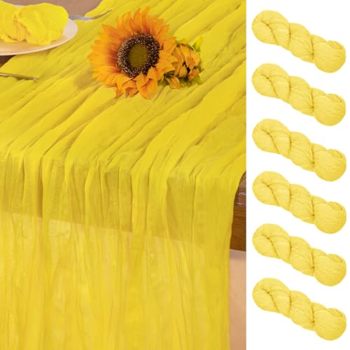 DeZerlor Runner da tavola in garza color giallo limone, confezione da 6 runner da tavola in garza bohémien da 300 cm, decorazione per la tavola autunnale per il Ringraziamento, matrimoni, baby shower