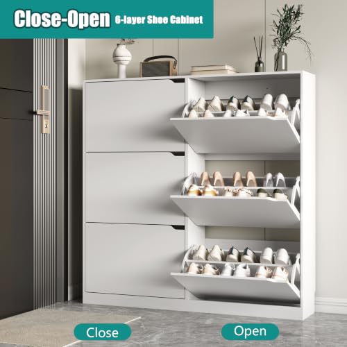 Image of Xixini Shoe Storage Cabinet for Entryway with 6 Flip Drawers, Sturdy Wood Hidden Shoe Storage, Freestanding Narrow Slim Shoe Organizer for Front Door Entrance, Living Room, Hallway, Bedroom, White