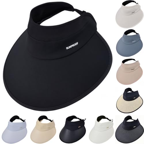 HINGTAT Sombrero de visera para el sol, tamaño de cabeza ajustable de 55 a 60 cm, protección UV con cuerda resistente al viento de 30 cm, sombrero de protección solar de ala grande de vinilo, para