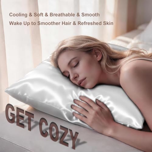 Image of LYSHIN White Silk Pillow Cases 2 Pack King Size with Zipper | 19 Momme Mulberry Silk Pillowcase for Skin and Hair, Anti-Acne, Hypoallergenic, Cooling, Beauty Sleep, Gifts for Women