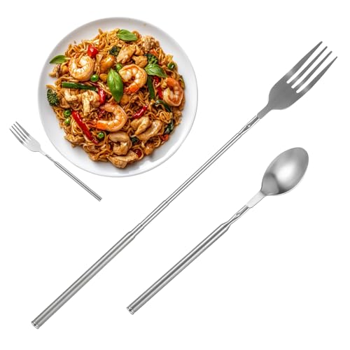 Sibba 2 x Ausziehbare Gabel Teleskoplöffel 65cm Lange Edelstahl Teleskopgabel Teleskop Löffel Spoon Teelöffel Kaffeelöffel Kuchengabeln...