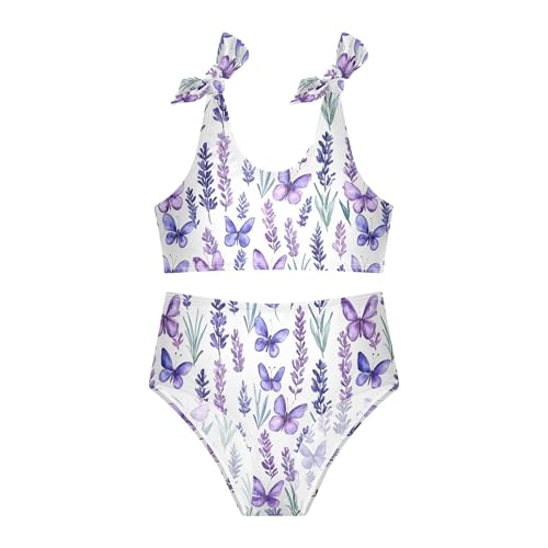 JUNZAN Lavender Flowers Butterflies Girls Bikini Adjustable Strap 2 Piece Swimwear Little Girls Beach Surf Suits 3T2
