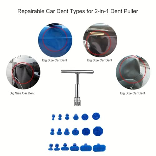 Image of Car Dent Repair Puller Kit,Universal T Bar Dent Repair Tool with 18 Pcs Gasket Tools and Adhesive Strips Indent Puller Kit for Car and Metal Surfaces(Color:Silver)