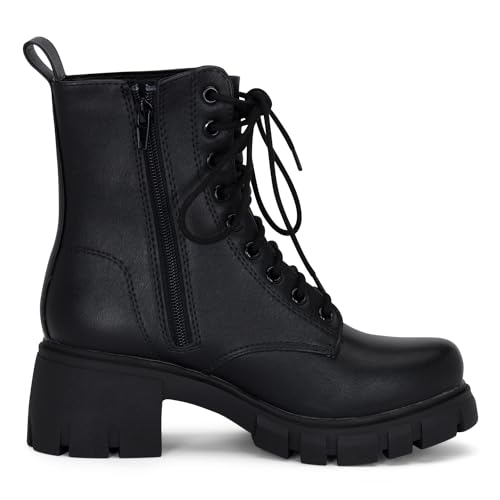 STYLISH S TAMMY ~ Women's Lace-up Chuncky Lug Sole Platform Low Heel Combat Ankle Boots with Side Zipper3