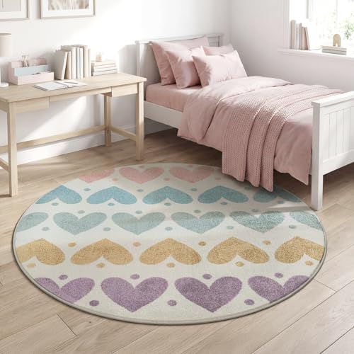 the carpet Beat Kids Moderner Weicher Kinderteppich, Weicher Flor, Pflegeleicht, Farbecht, Herzchen Muster, Creme Bunt, 120 cm Rund